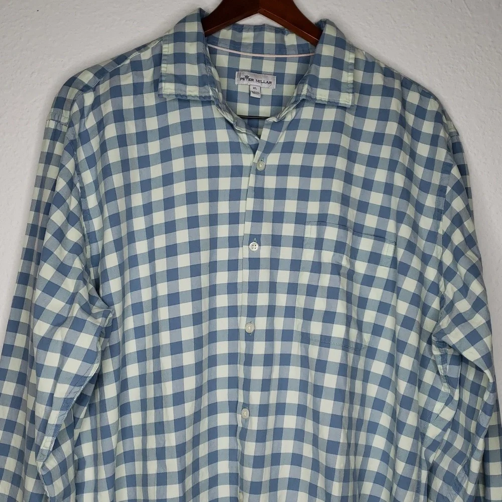 Peter Millar Cotton Silk Button Up Long Sleeve Shirt Size XL Gingham Plaid Logo